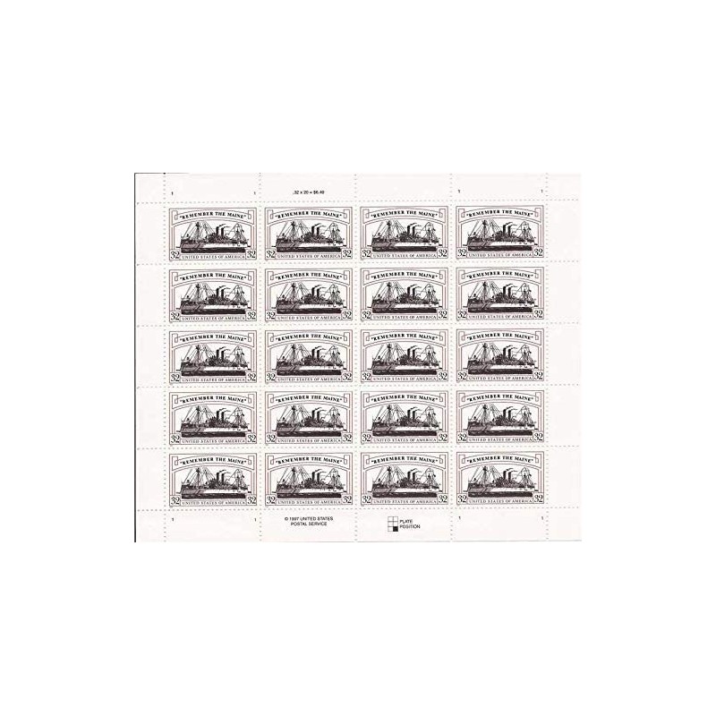 Remember The Maine 32 Cent Full Sheet of 20 Stamps Scott 3192 $16.79 Collectible Postage Stamps