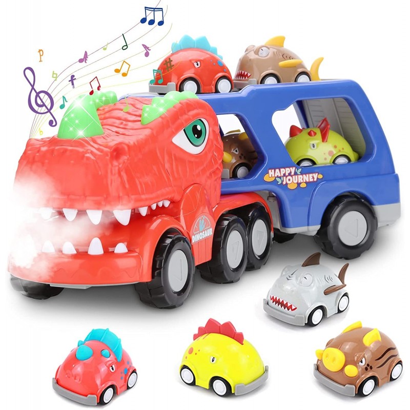 Dinosaur Toy Truck Set - Friction Powered Transport Truck Toys Car Sound and Light Spray 8 Pack Mini Dinosaur Pull Back Vehic...