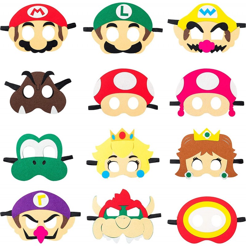 12Pcs Mario Felt Mask Theme Party Supplies Birthday Party Gift Decoration Wario Mask Celebration Party Fan Cartoon Role Playi...