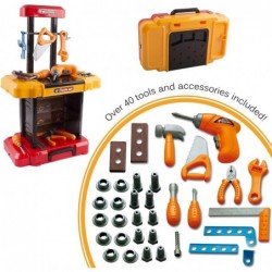 Toy Tool Kids 40 Piece Kit Construction Play Set Portable Working Fold-Able Work Bench Workshop With Drill Toy Tool Suitcase ...