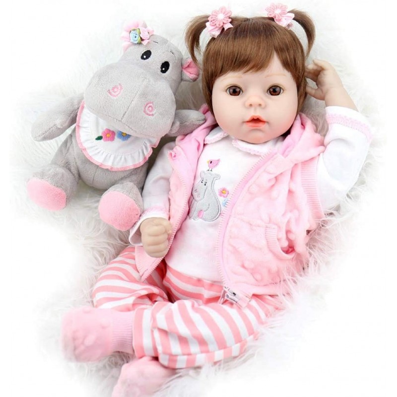 Reborn Baby Doll 22 Inch Realistic Lifelike Toddler Girl Dolls with Pink Clothes and Hippo Doll Accessories $79.66 Dolls