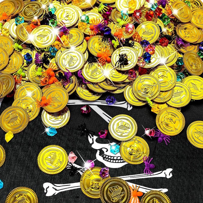 500 Pcs Pirate Gold Coins and Pirate Gems Jewelery Playset with Mini Fake Spiders and 2 Pirate Flags Pirates Jewelry Treasure...