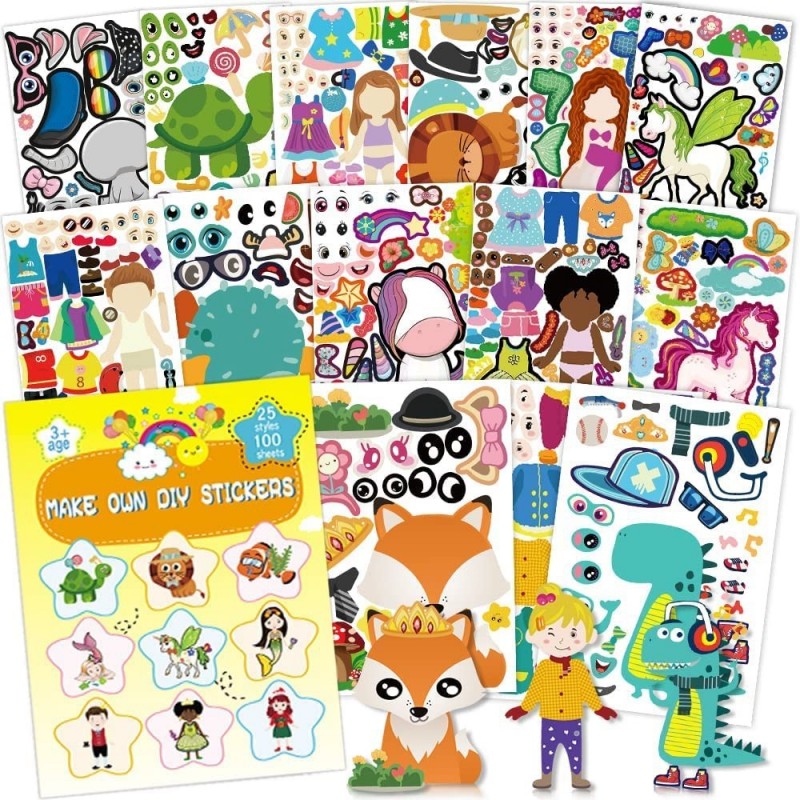 100 Sheets Make Your Own Stickers for Kids with 25 Designs Animals Mix Mermaids Unicorns Princess Prince and More Reward of F...