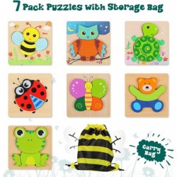 7 Pieces Wooden Animal Puzzle for Toddler 1 2 3 4 Years Old Animal Jigsaw Puzzles Set with Organize Bag Early Learning Educat...