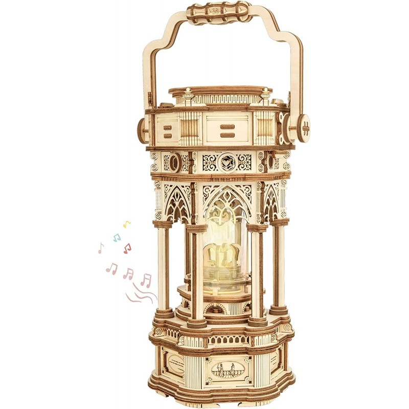 3D Wooden Puzzles Mechanical Music Box - DIY Rotating Vintage LED Lantern 11.8" Hands-on Activity Desk Decor Gifts for Teens/...