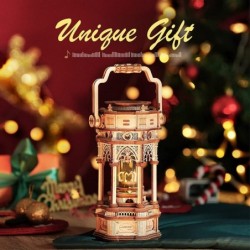 3D Wooden Puzzles Mechanical Music Box - DIY Rotating Vintage LED Lantern 11.8" Hands-on Activity Desk Decor Gifts for Teens/...