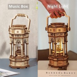 3D Wooden Puzzles Mechanical Music Box - DIY Rotating Vintage LED Lantern 11.8" Hands-on Activity Desk Decor Gifts for Teens/...