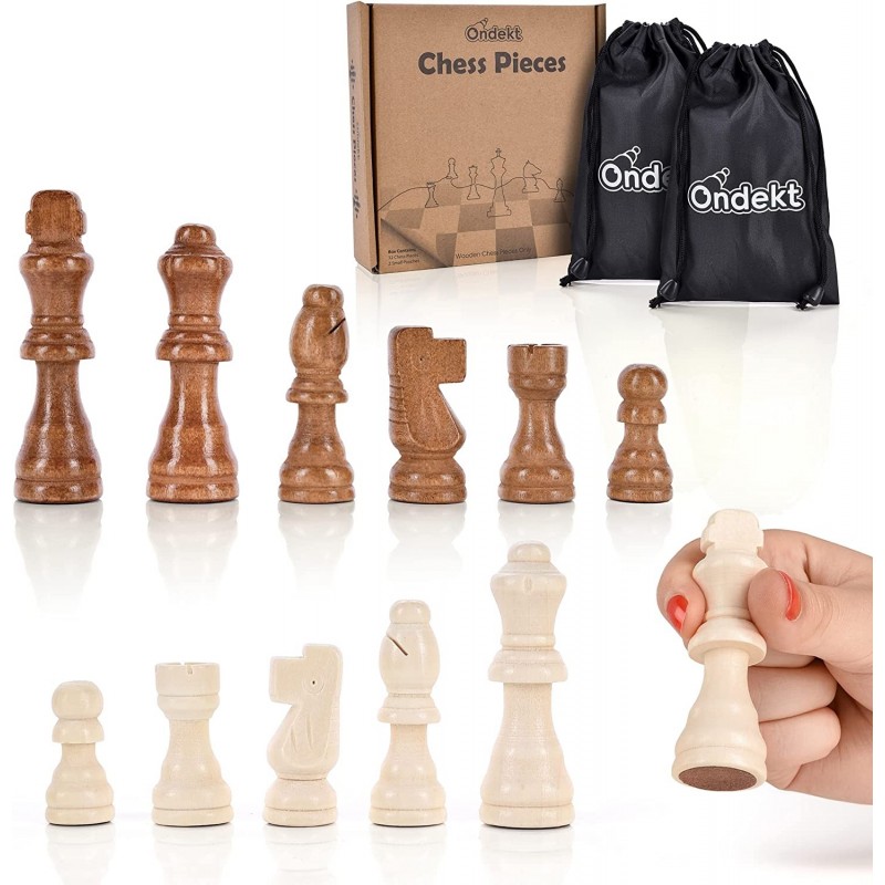 Wooden Chess Pieces Only – 32 Pieces Staunton Style Handcrafted Wood Chessmen with 2 Pouch Bags for Ease of Storage – 3” King...