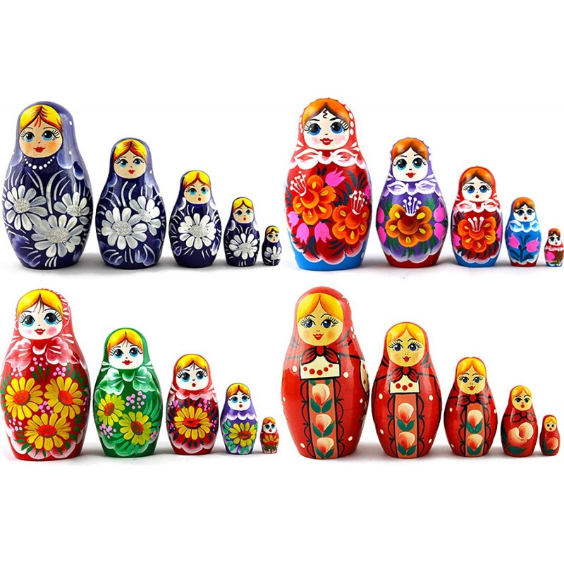 Lot 4 Russian Nesting Dolls for Kids Each Maryoshka 5 Pieces Set - Handmade Wooden Babushka Dolls Stacking Toys - 7 Munecas R...