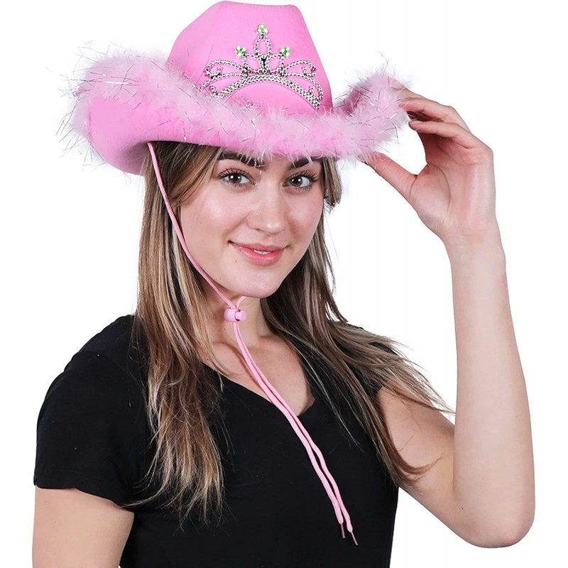 Pink Cowgirl Hat for Women with Light Up Tiara - One Size Fits Most - Feathered Felt Hat - Pink Cowboy Hat for Halloween Birt...