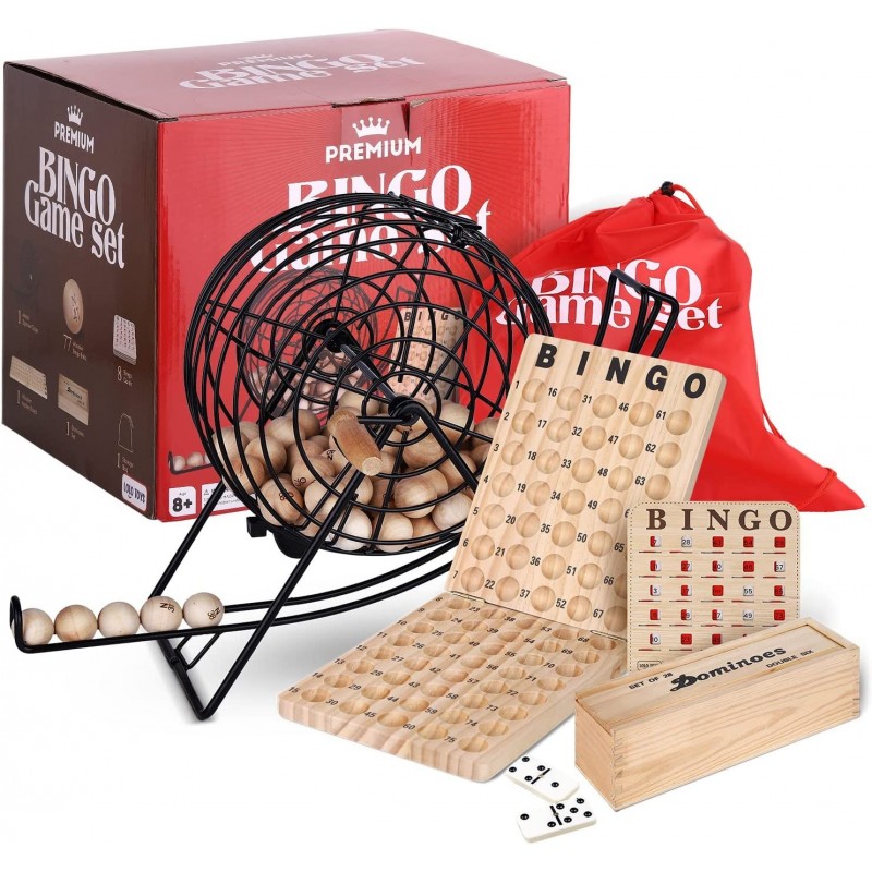 Professional Deluxe Bingo Game Set – Bundle with Dominoes Set - Bingo Cage Balls Cards Storage Bag for Kids Adults Family Gam...