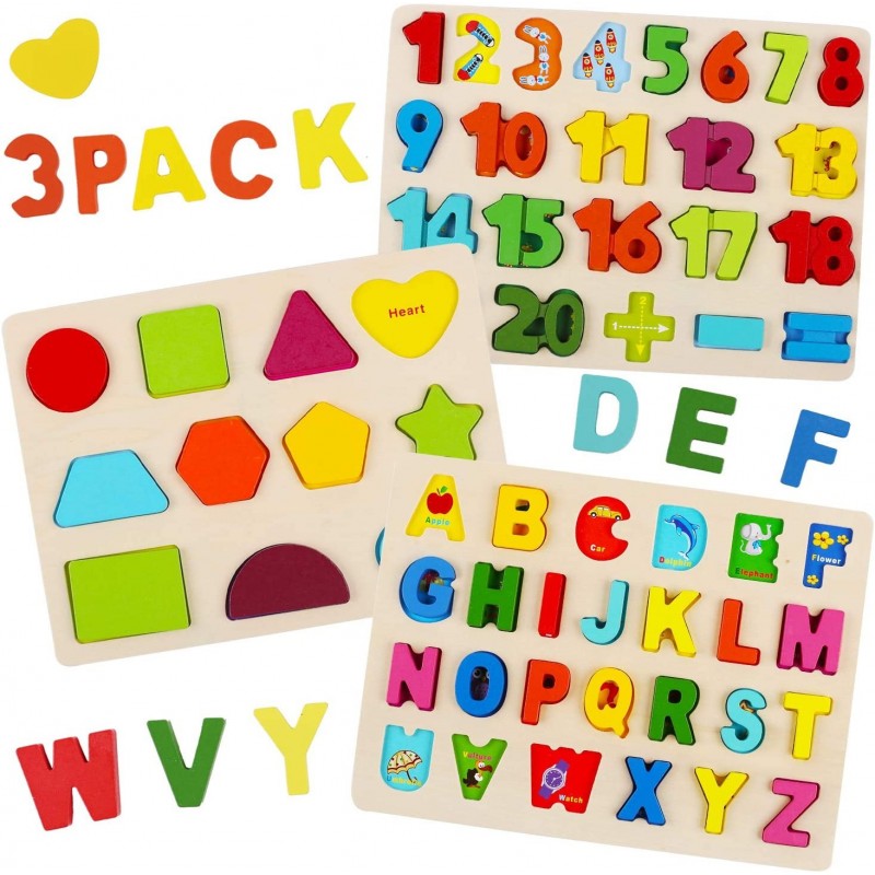 Wooden Puzzles for Toddlers - Wood Alphabet Number Shape Learning Puzzle for Kids Ages 2 3 4 5 - Boys Girls Preschool Educati...