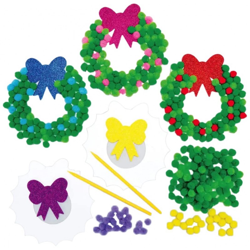 AX502 Christmas Wreath Pom Pom Decoration Kits - Pack of 5 Ideal Festive Decorations Great for School and Craft Group Activit...