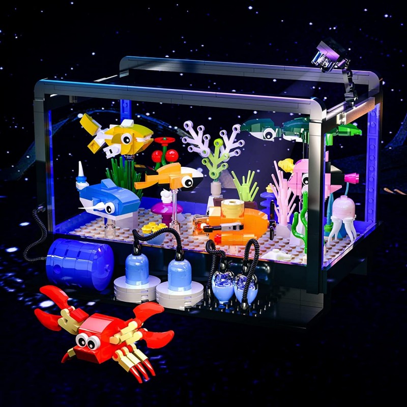 Fish Tank Building Block Set Lighting Aquarium Sets Including Marine Life a Submarine and a Treasure Chest Building Block Toy...