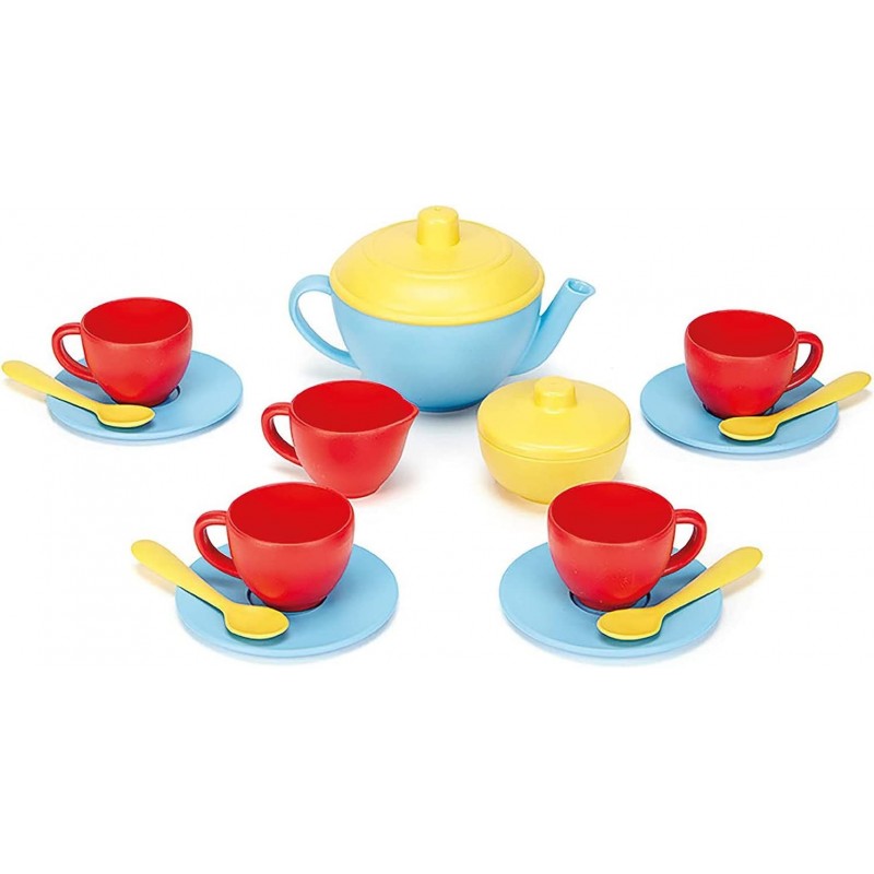 Tea Set Blue/Red/Yellow - 17 Piece Pretend Play Motor Skills Language & Communication Kids Role Play Toy. No BPA phthalates P...