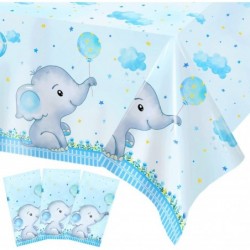 3Pieces Boy Elephant Baby Shower Tablecloth Table Cover Decorations Large Size 108×54 Inch Rectangular Plastic Blue Cute Elep...