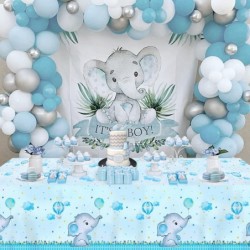 3Pieces Boy Elephant Baby Shower Tablecloth Table Cover Decorations Large Size 108×54 Inch Rectangular Plastic Blue Cute Elep...