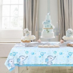 3Pieces Boy Elephant Baby Shower Tablecloth Table Cover Decorations Large Size 108×54 Inch Rectangular Plastic Blue Cute Elep...