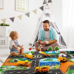 Large Airplane Toy with 6 Construction Trucks Set 32.6x22.4 Inch Play Mat 11 Road Signs 9 in 1 Vehicle Car Toys for 3 Year Ol...