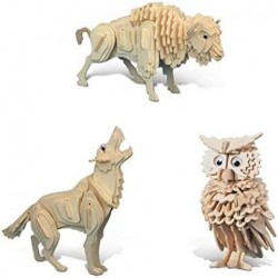 Bundle of Owl Wolf and Buffalo Wooden 3D Puzzle Construction Kits Fun Unique & Educational DIY Wild Animals Toys Assemble Mod...