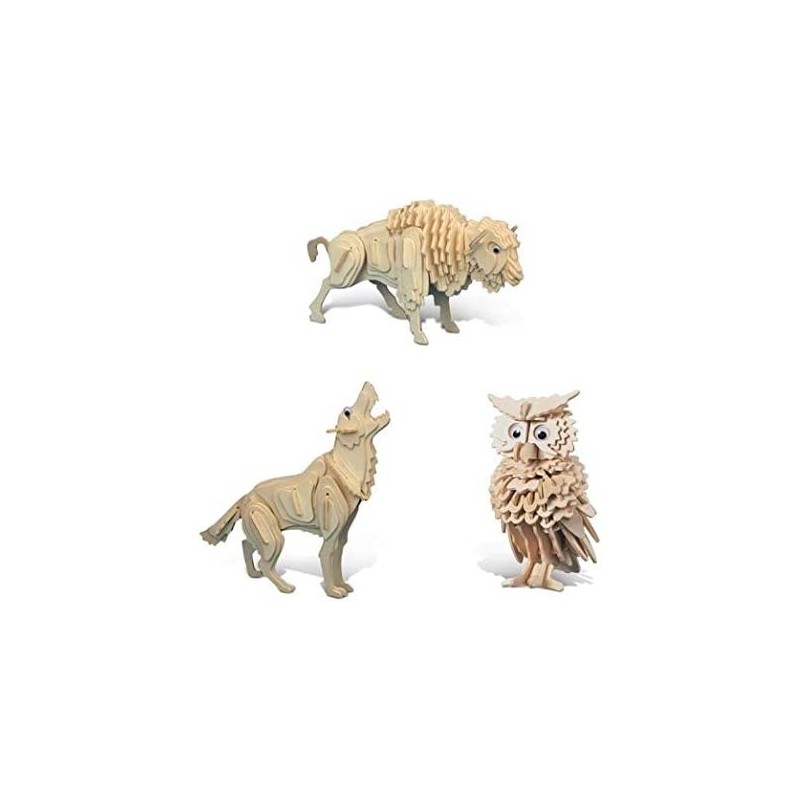 Bundle of Owl Wolf and Buffalo Wooden 3D Puzzle Construction Kits Fun Unique & Educational DIY Wild Animals Toys Assemble Mod...