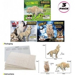 Bundle of Owl Wolf and Buffalo Wooden 3D Puzzle Construction Kits Fun Unique & Educational DIY Wild Animals Toys Assemble Mod...