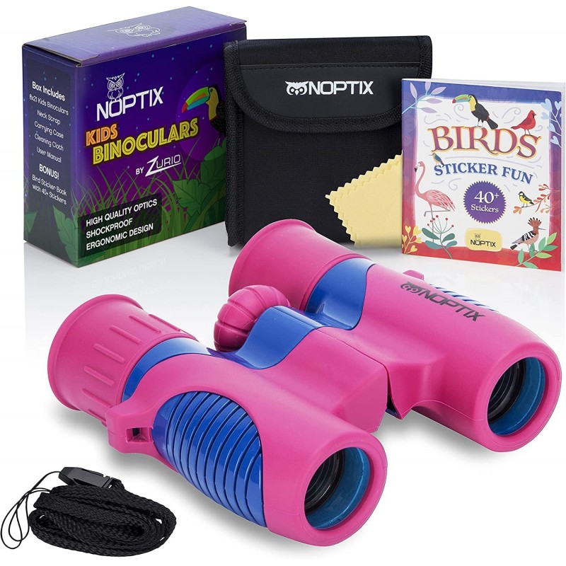 Kids Binoculars girls or boys Real Binoculars in vibrant Pink and Blue - for ages 3 to 14 - includes Sticker Book of 40 Birds...