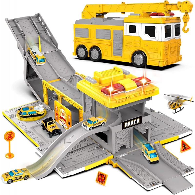 Large Construction Truck Toys Transform to Parking Lot 2-in-1 for 3 4 5+ Year Old Boys Toddler Kids Cars Toys with Sound/Ligh...