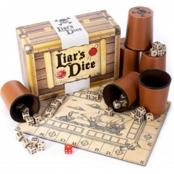 Liar's Dice Game Set - Classic Family Bluffing Game - Treasure Chest Includes Six Professional Bicast Leather Dice Cups 30 Cu...