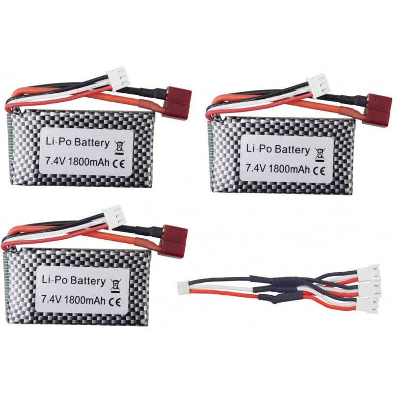 3PCS 7.4V 1800mAh T-Head High-Rate Lithium Battery with 1to3 Charging Conversion Line for WLTOYS A959-B A969-B A979-B K929-B ...