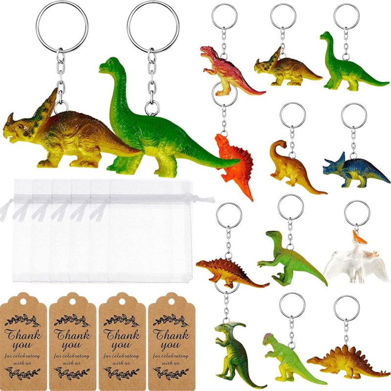 12 Pack Dinosaur Party Favors Dinosaur Keychains Dinosaur Key Rings White Sheer Organza Bags with Drawstring and Thank You Kr...