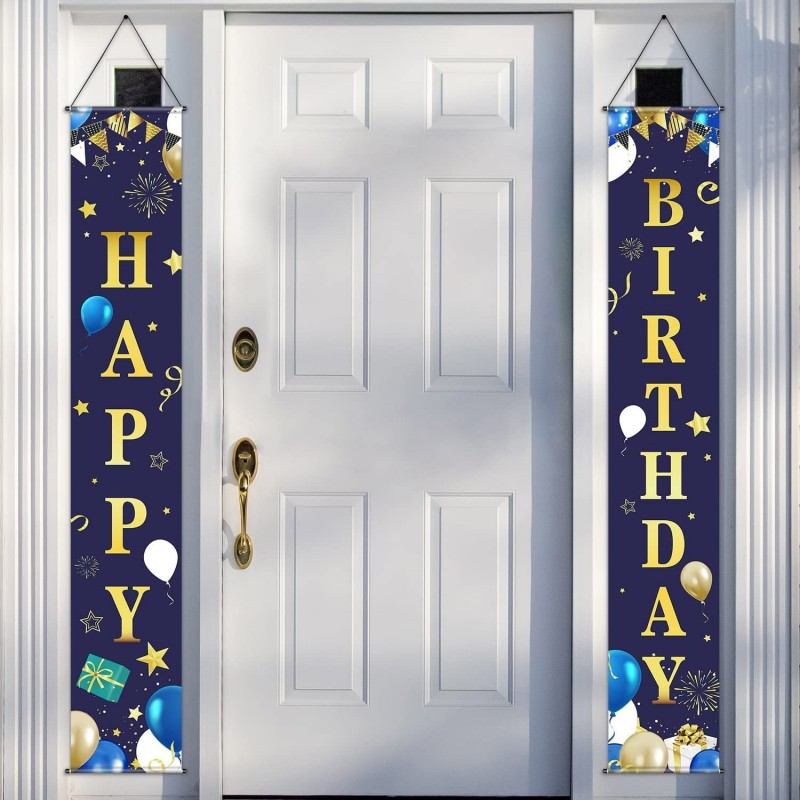 Happy Birthday Decorations Banner Navy Blue and Gold Happy Birthday Porch Sign Birthday Party Supplies Background for Birthda...