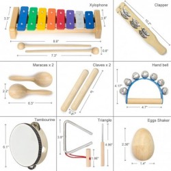 13 Pcs Kids Wooden Percussion Musical Instrument Set Xylophone Maracas Egg Shaker Tambourine Triangle Instrument for Kids Tod...