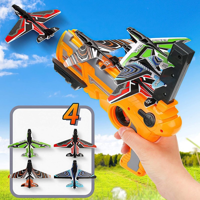 Catapult airplane toy airplane equipped with 4 airplanes pistol shooting game toys air combat glider airplane launcher fun ou...