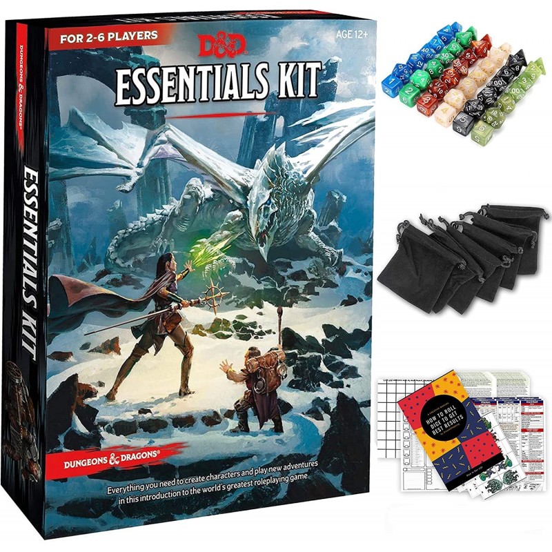 Dungeons and Dragons Essentials Kit 5th Edition with Complete Starter Pack – 6 D&D Dice Sets in Black Bags and DND Beginner P...