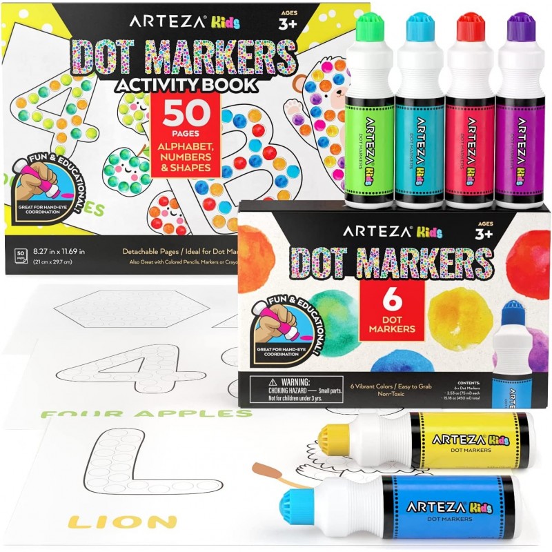 Dot Markers and Kids’ Activity Book 6 Nontoxic Bingo Daubers 50-Page Book with Alphabet Numbers and Shapes — School Supplies ...