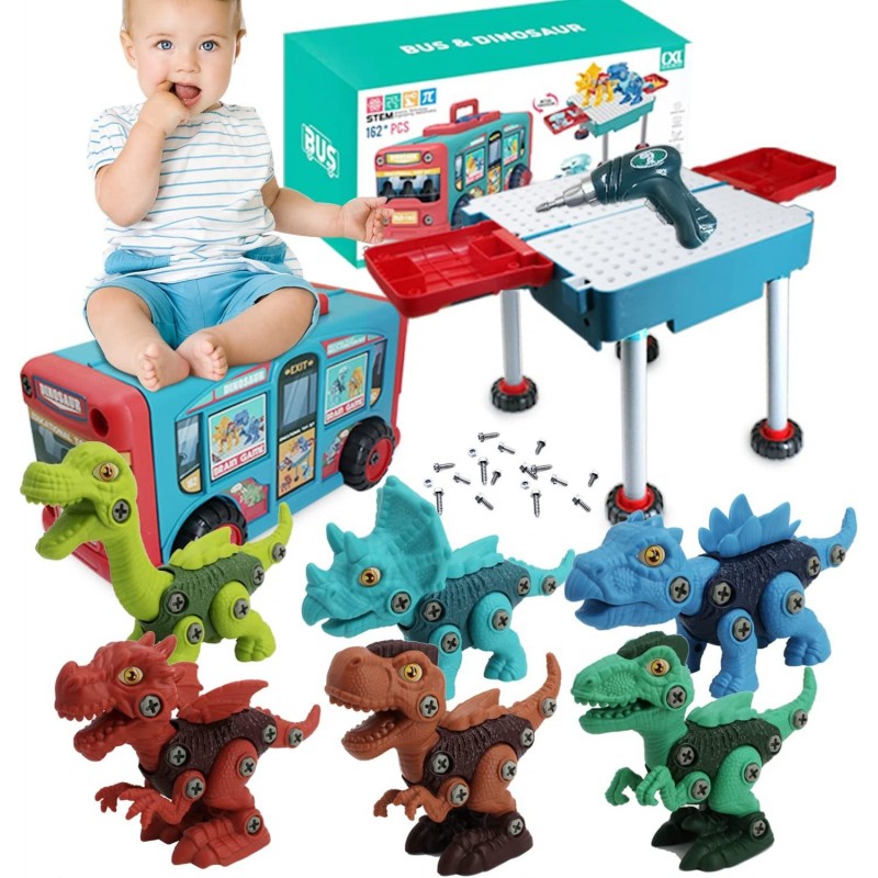 Take Apart Dinosaur Toys and Bus Table with Electric Drill for Kids Dinosaur Toys for Kids 3-5 5-7 Toddler Girls and Boys Bir...