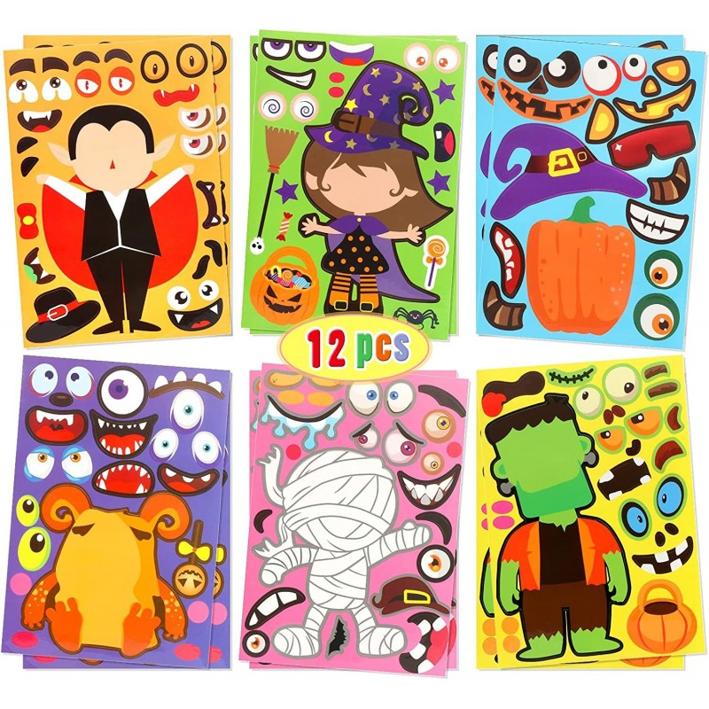 12 Sheet Halloween Stickers for Kids 6 Kinds Halloween Party DIY Stickers Halloween Party Favors for Kids Great Make-a-Face H...