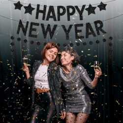 Black Glitter Happy New Year Banner - No DIY 2 Strings | New Years Banner for Happy New Year Decorations 2023 | New Years Eve...