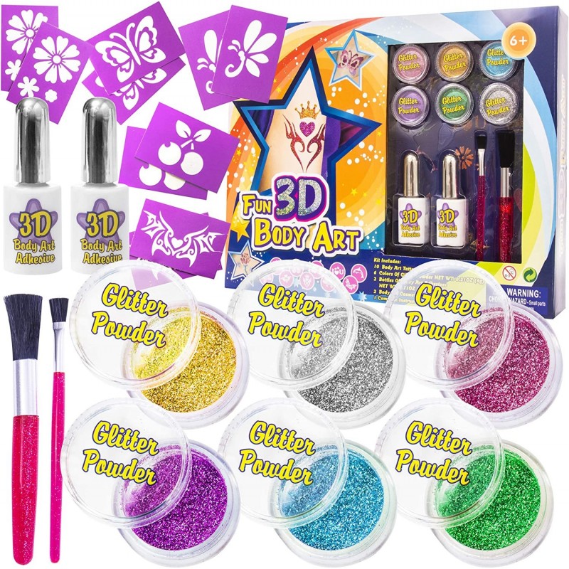 Fun 3D Body Paint Art Set for Kids and Adults Create Colorful DIY Temporary Tattoos with Glittery Powder Liquid Adhesive Cosm...