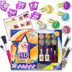 Fun 3D Body Paint Art Set for Kids and Adults Create Colorful DIY Temporary Tattoos with Glittery Powder Liquid Adhesive Cosm...