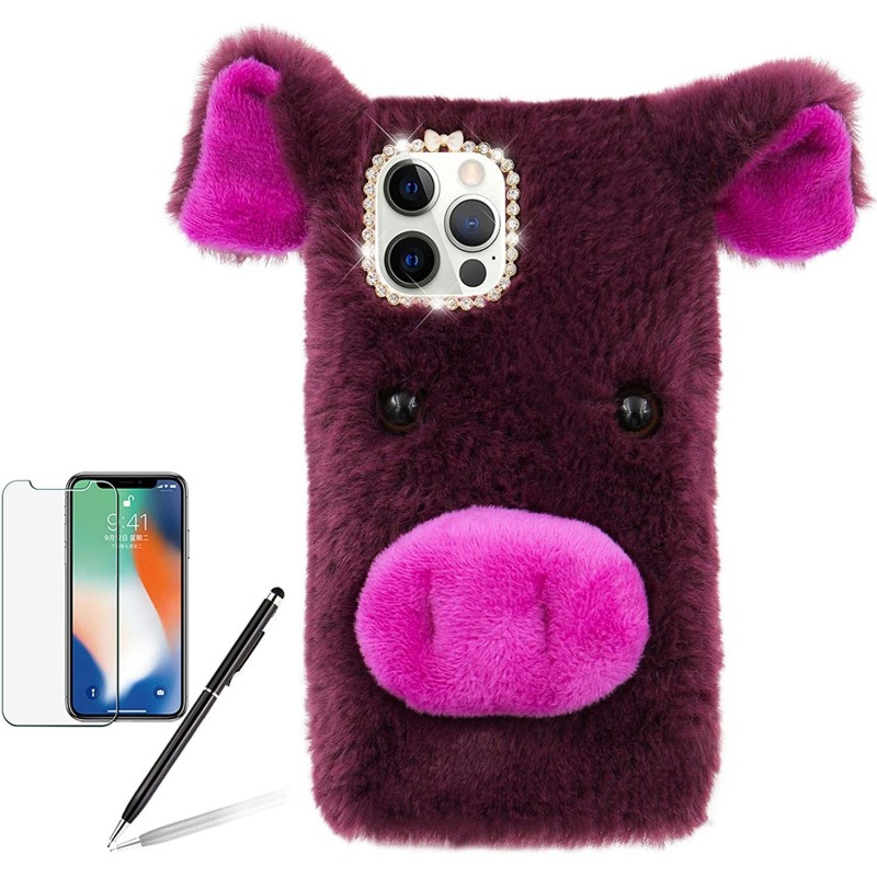 Pig Case for Samsung Galaxy S21 FE 5G Cute Plush 3D Cartoon Piggy Funny Shell Fluffy Soft Fake Fur Warm Furry Shockproof Prot...