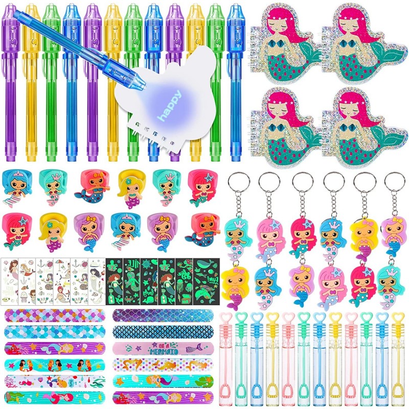 84Pcs Mermaid Party Favors Birthday Supplies Girls Invisible Ink Pen Mermaid Notebook Bubble Wand Slap Bracelet Luminous Tatt...