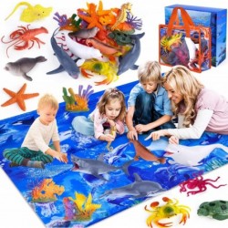 Kids Ocean Animals Toys with Large Play Mat 18 Pack Assorted Realistic Sea Animal Toys with Carrier Bag Including Shark Whale...