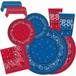 Serves 24 Complete Party Pack Red and Blue Bandana Western Party Supplies 9" Dinner Paper Plates 7" Dessert Paper Plates 12 o...