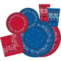 Serves 24 Complete Party Pack Red and Blue Bandana Western Party Supplies 9" Dinner Paper Plates 7" Dessert Paper Plates 12 o...