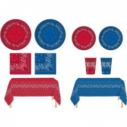 Serves 24 Complete Party Pack Red and Blue Bandana Western Party Supplies 9" Dinner Paper Plates 7" Dessert Paper Plates 12 o...