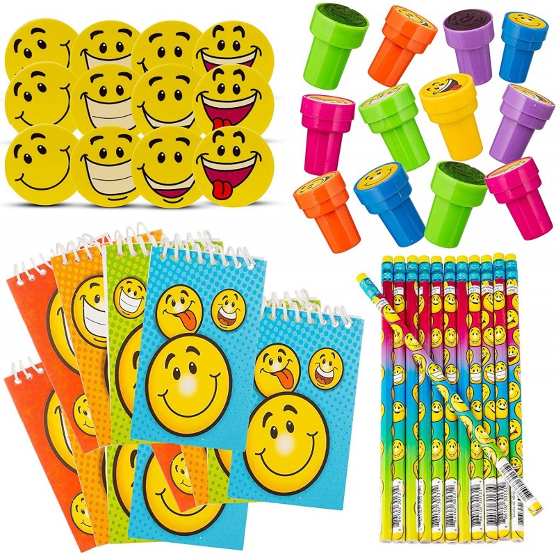 Happy Themed Set Of Party Favors With Smile Designs For Kids - 48-Piece Bulk Smiley Stationery Set - Erasers Pencils Stampers...