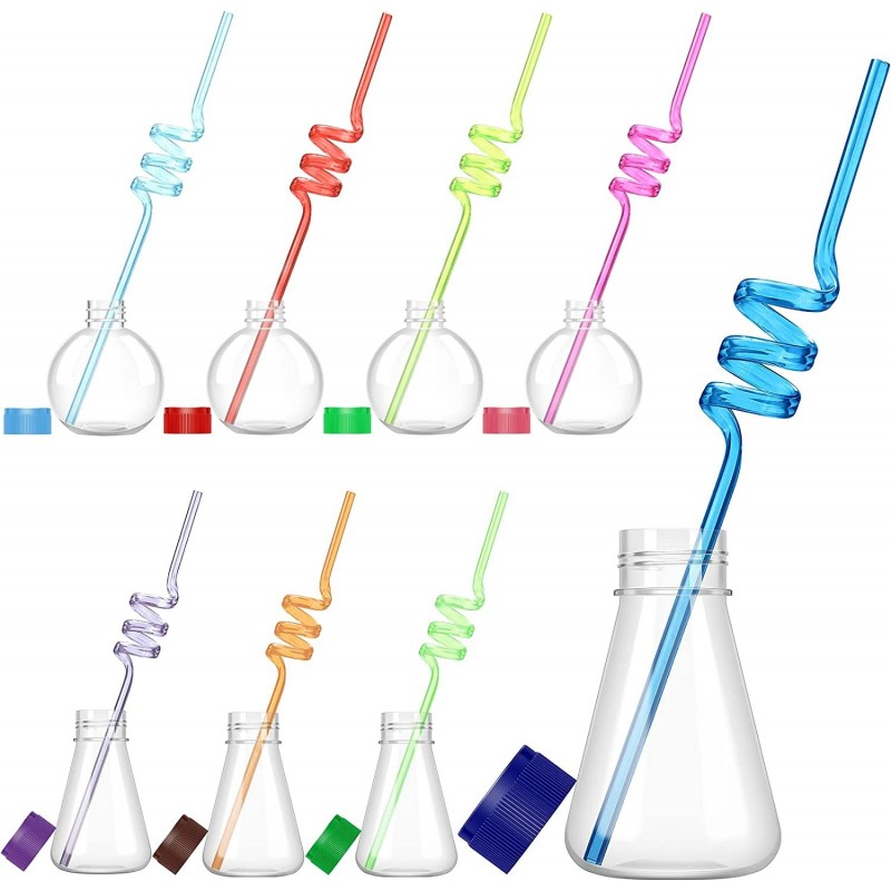 16 Pieces Science Party Theme Cups Set with Silly Loop Straws Plastic Reusable Conical Flask Round Bottom Flask Shape Bottles...