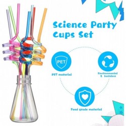 16 Pieces Science Party Theme Cups Set with Silly Loop Straws Plastic Reusable Conical Flask Round Bottom Flask Shape Bottles...